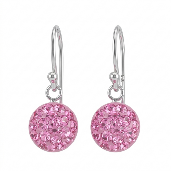 A pair of silver leverback earrings featuring round pink crystal clusters, shown against a plain white background.