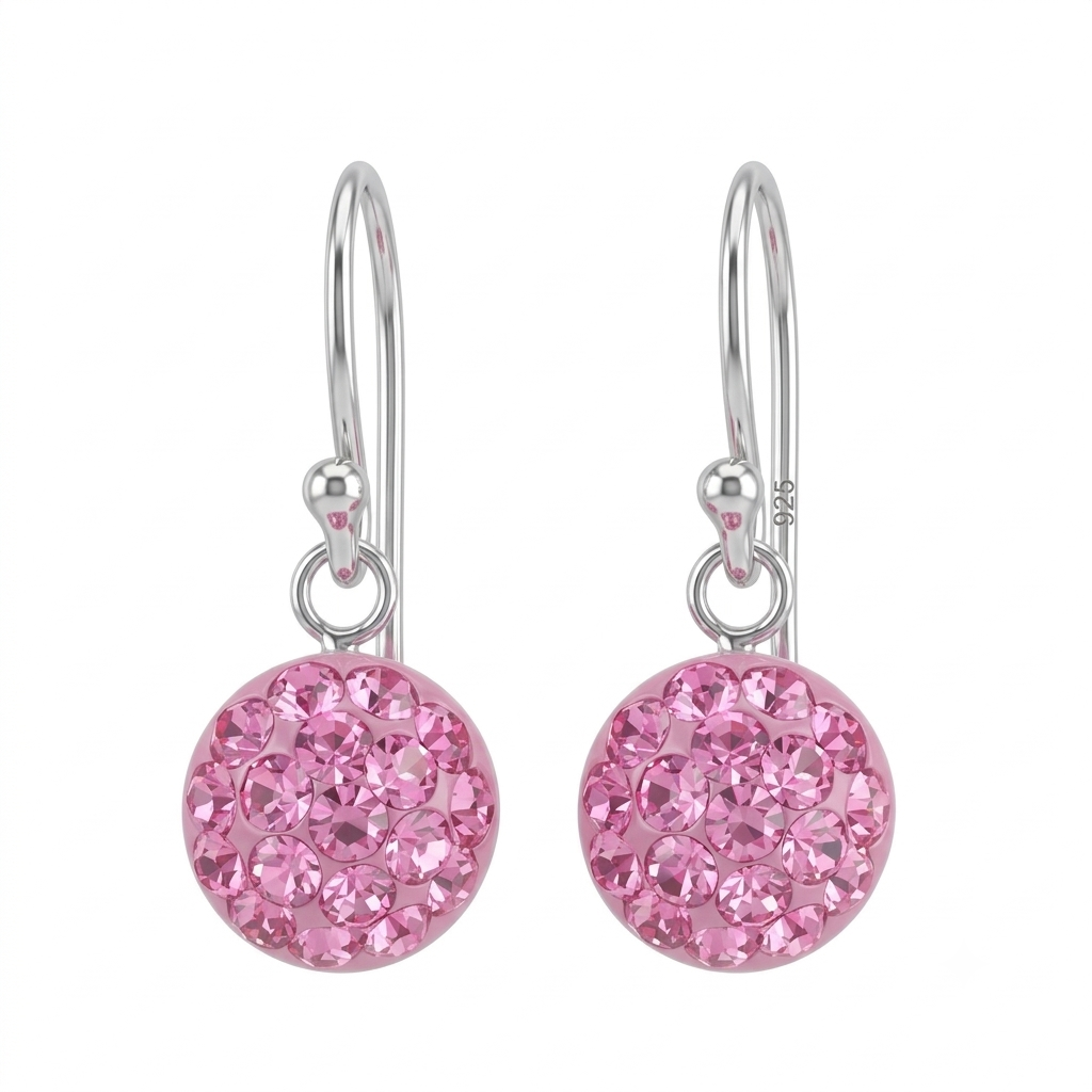 A pair of silver leverback earrings featuring round pink crystal clusters, shown against a plain white background.