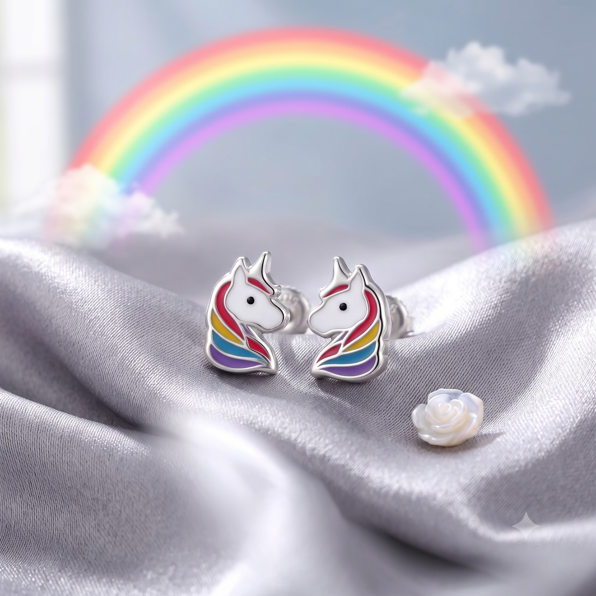 Silver Kids Rainbow Unicorn Screw Back Earrings