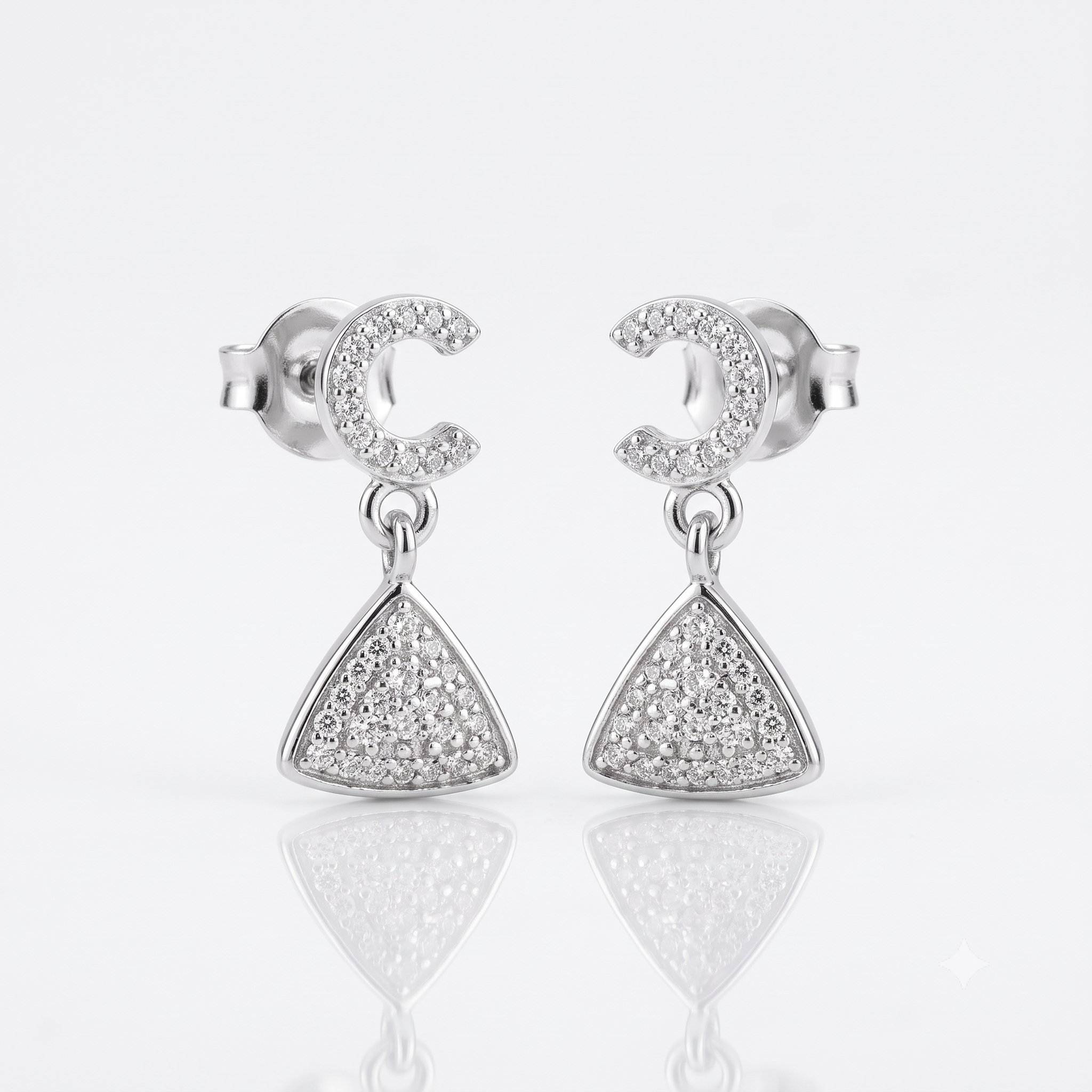 Silver Sparkling C with Dangling Triangle Earrings