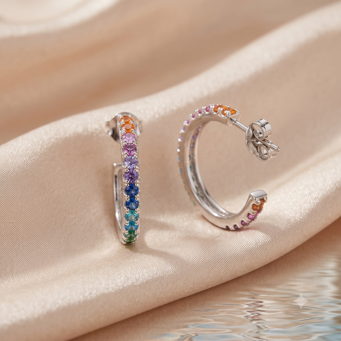 Silver Rainbow Half Hoop Earrings