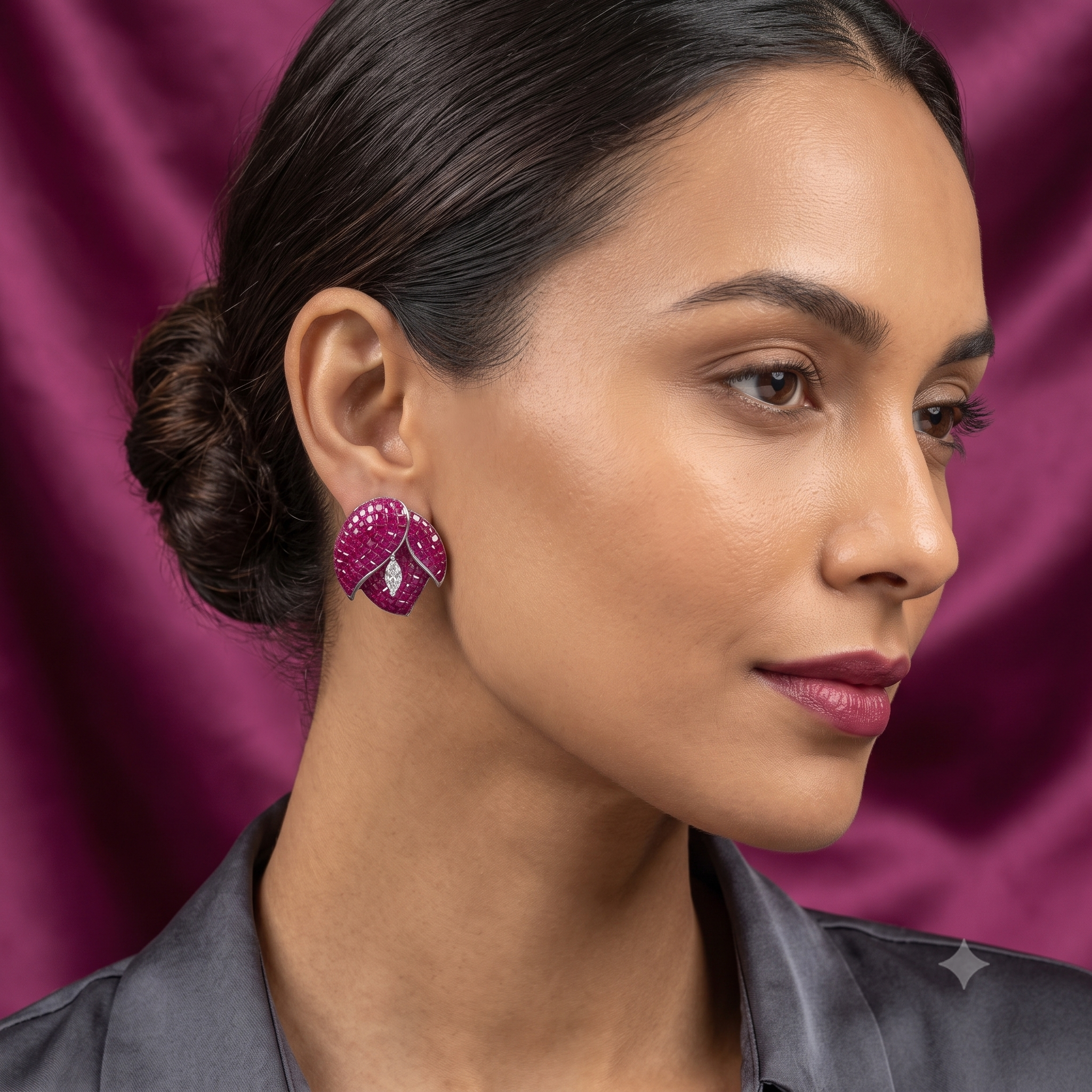 Silver Siberian Ruby Red Flower Earrings
