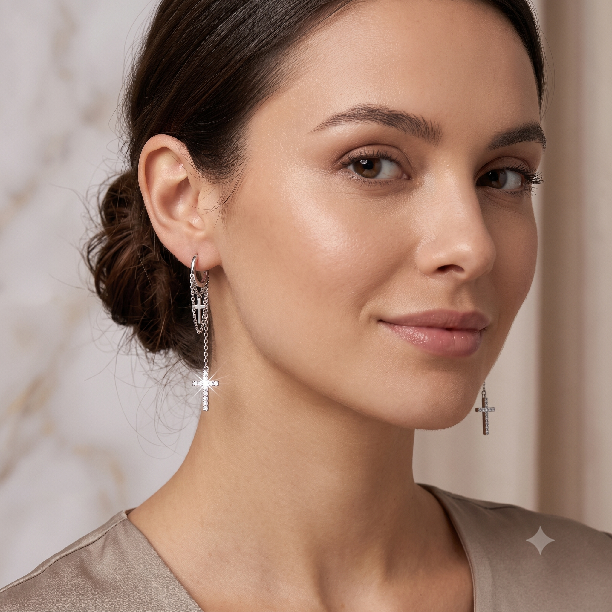 Silver Dangling Cross on Chain Hoop Earrings