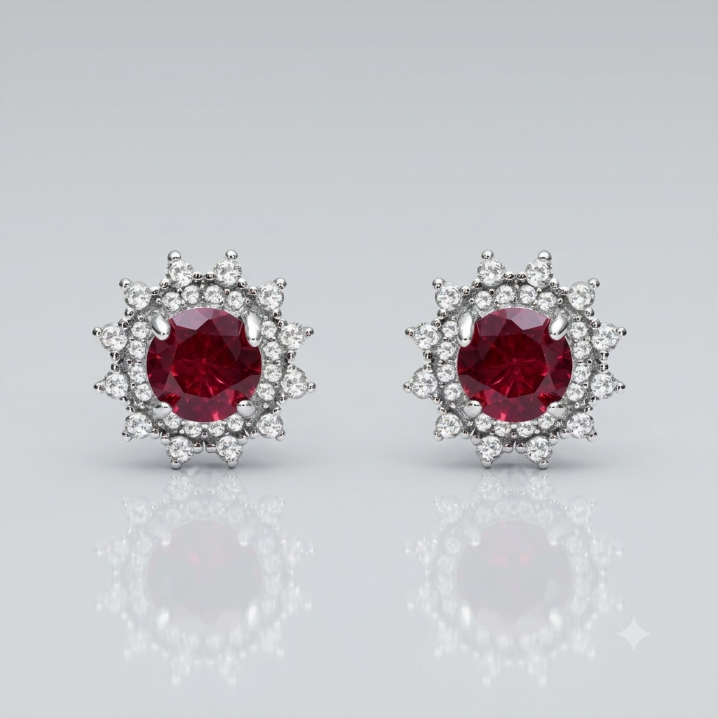 Silver Sparkling Ruby Red Earrings