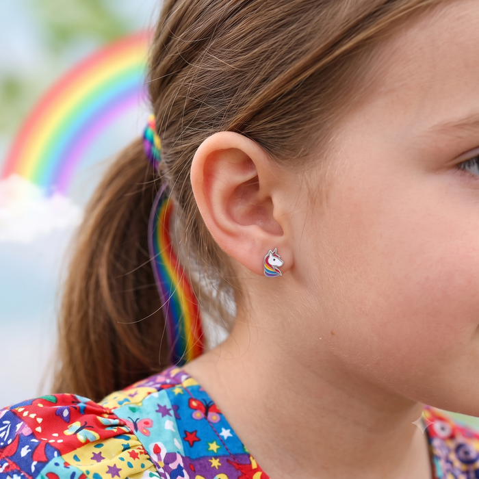 Silver Kids Rainbow Unicorn Screw Back Earrings