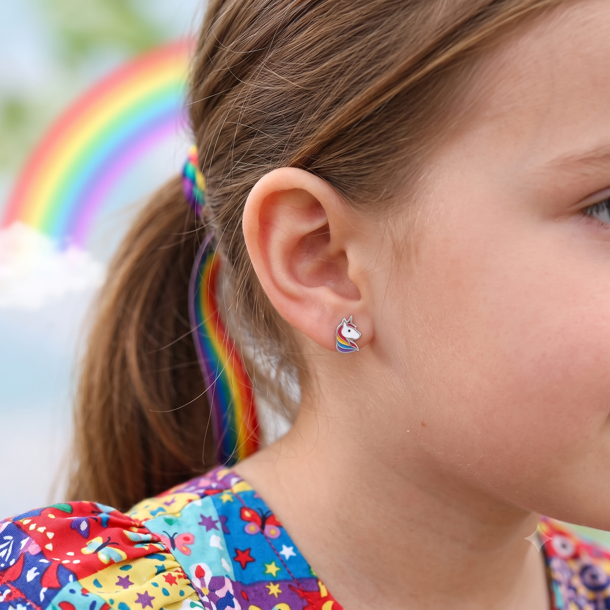 Silver Kids Rainbow Unicorn Screw Back Earrings