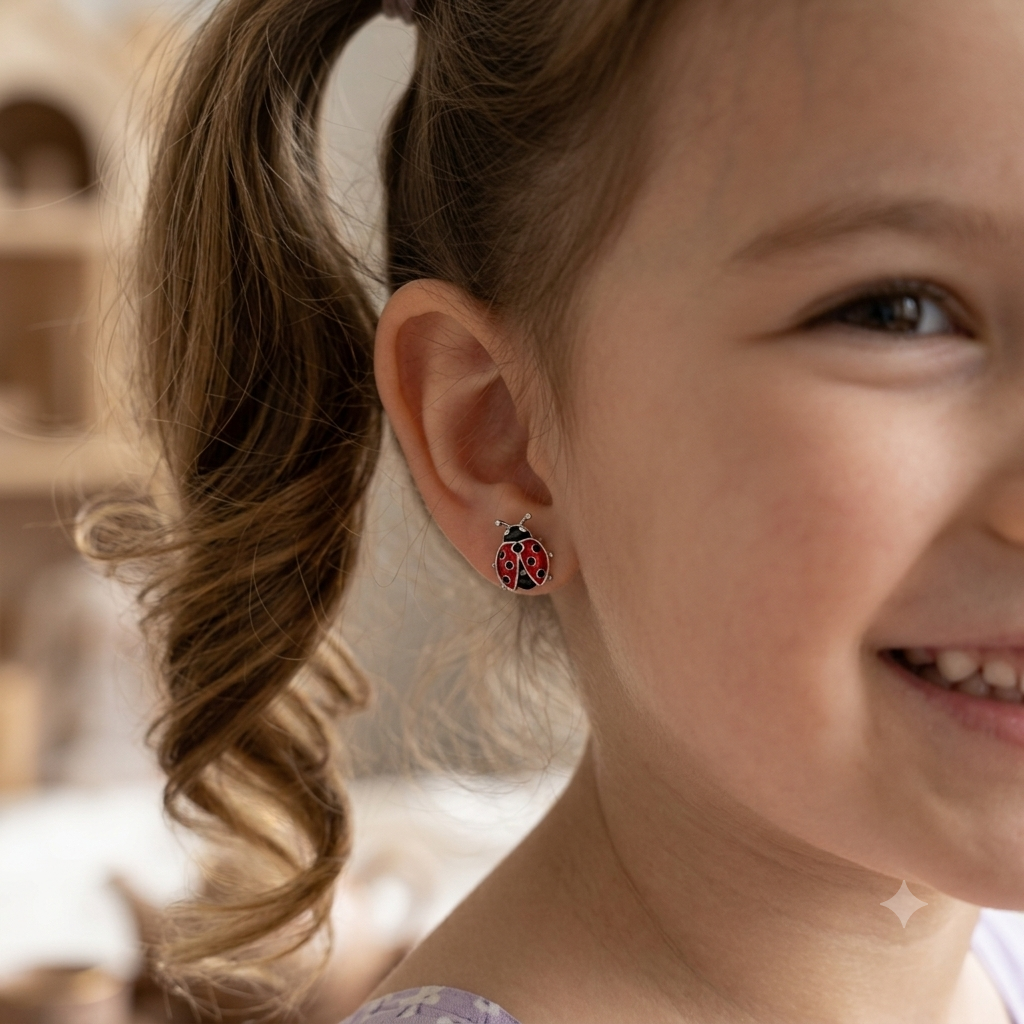 Silver Ladybug Stud Crew Back  Earrings