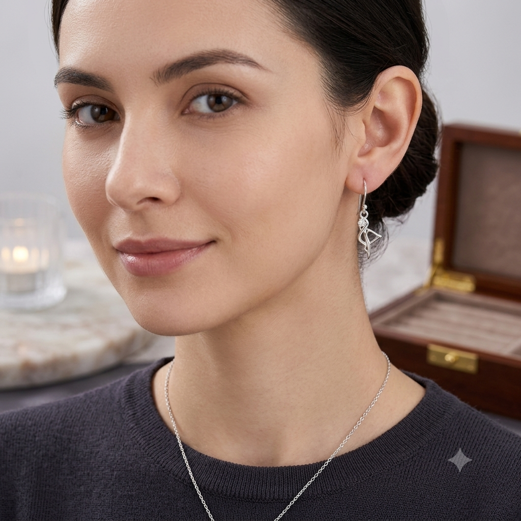 A close-up lifestyle shot of a woman wearing a delicate silver geometric dangle earring and a matching fine silver chain necklace. The background is softly blurred, showing a warm wooden jewelry box and a lit candle.