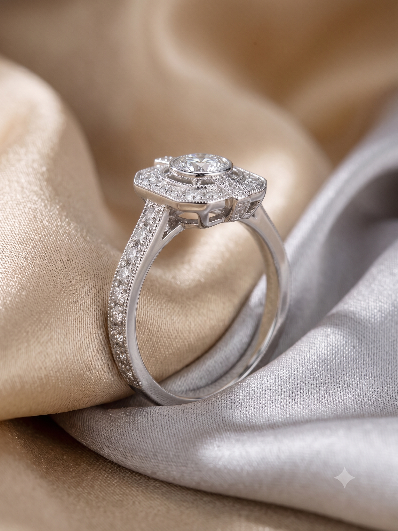 A silver-toned diamond ring with a halo-style center stone and pavé-set band, resting on draped champagne and silver satin fabric.
