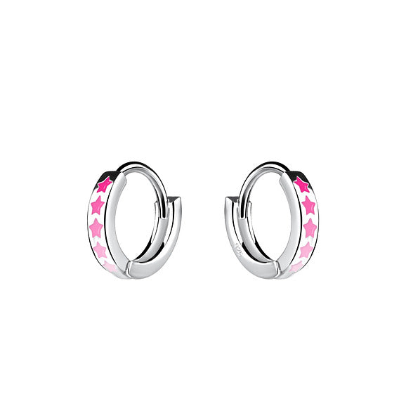 A pair of silver kids' hoop earrings with pink star patterns on them.