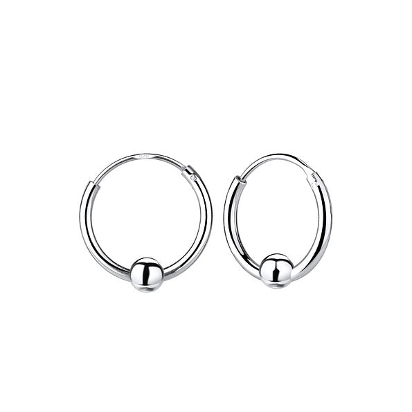 A pair of silver ball hoop earrings with a classic hoop design and small silver balls, featuring a rhodium e-coat to prevent tarnishing.