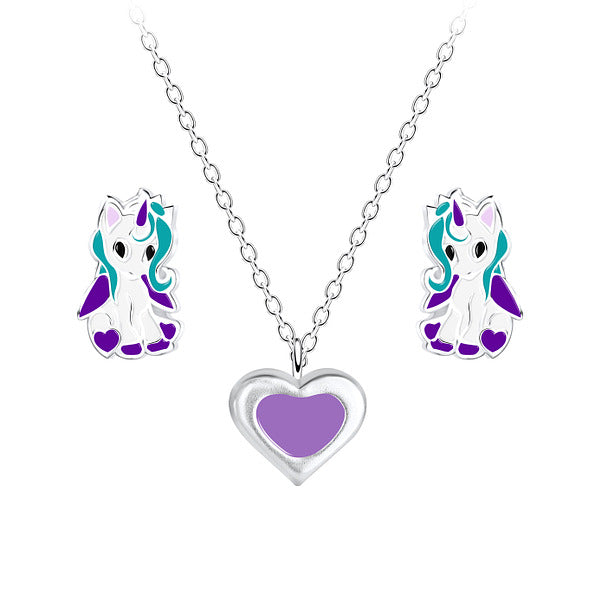 Silver Heart-Unicorn Necklace Set