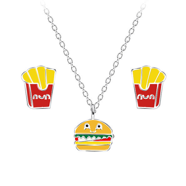 Silver Kids Burger-French Fries Necklace Set
