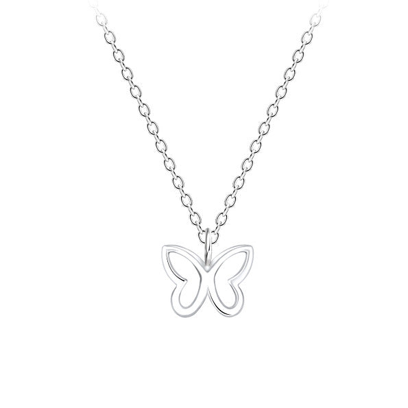 A sterling silver necklace featuring a central butterfly design, surrounded by a chain of uniform links.
