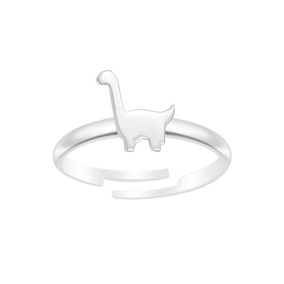 An adjustable silver ring with a dinosaur silhouette design on the top part of the band.