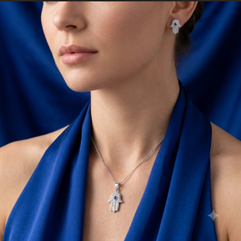 Silver Sparkling Hamsa Pendant Set