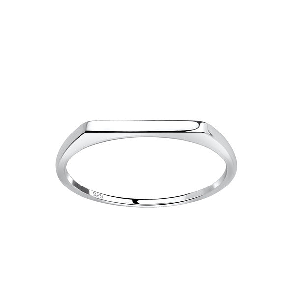 A silver minimal bar ring with a sleek design, handcrafted from 925 sterling silver with a rhodium E-coat to prevent tarnish.