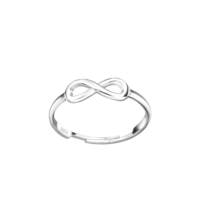 An adjustable silver kids infinity ring with a rhodium E-coat finish.