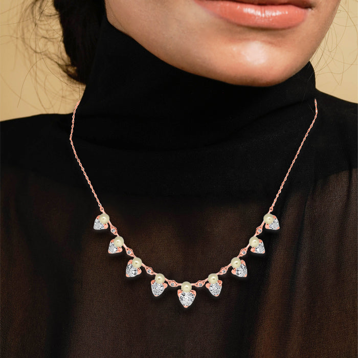 Silver Rose Gold Trillion Solitaire Pearl Necklace