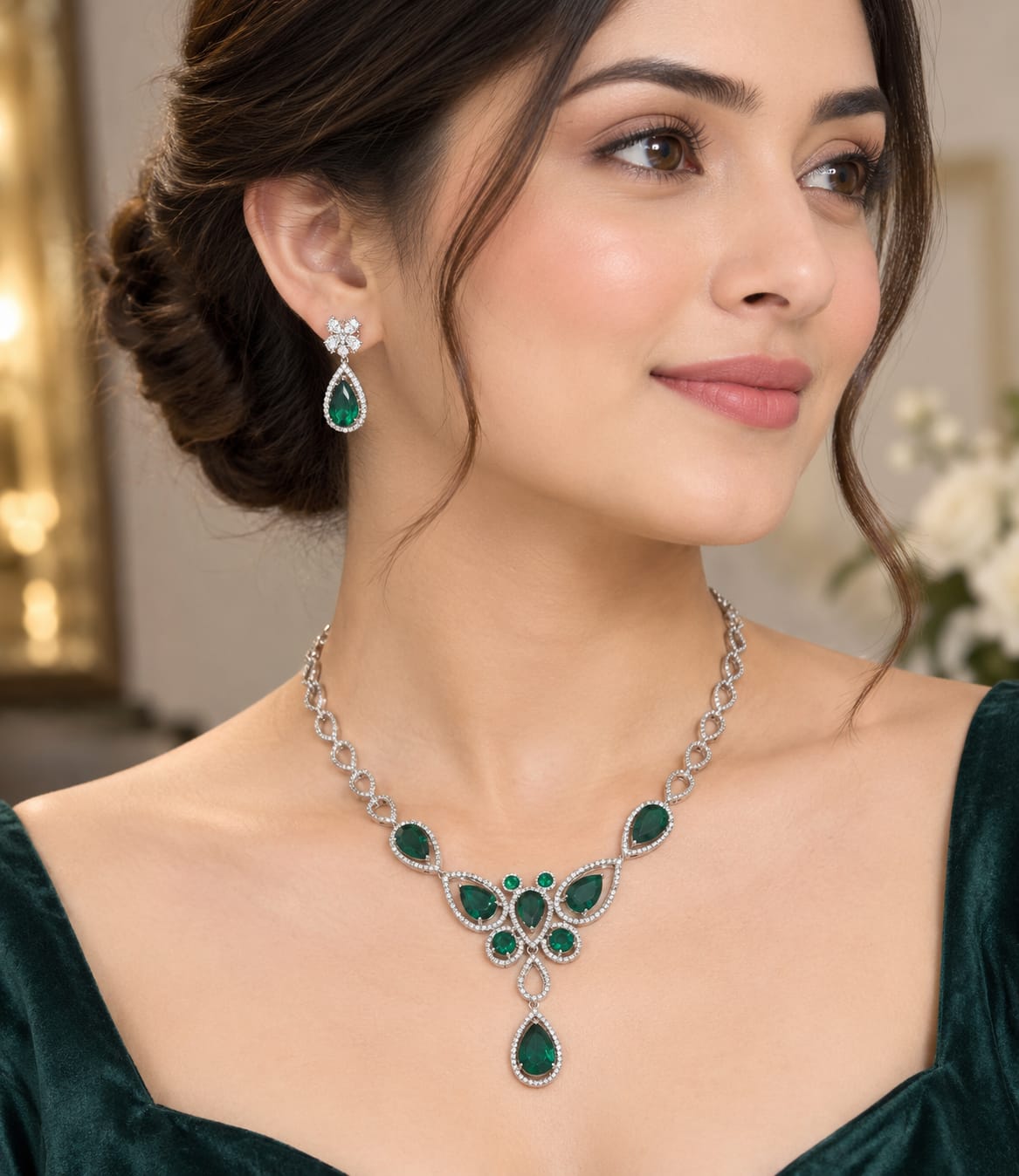 A woman wearing a silver-toned jewelry set featuring a necklace and matching drop earring with emerald-cut green stones and clear accent stones, shown in a softly lit indoor setting.