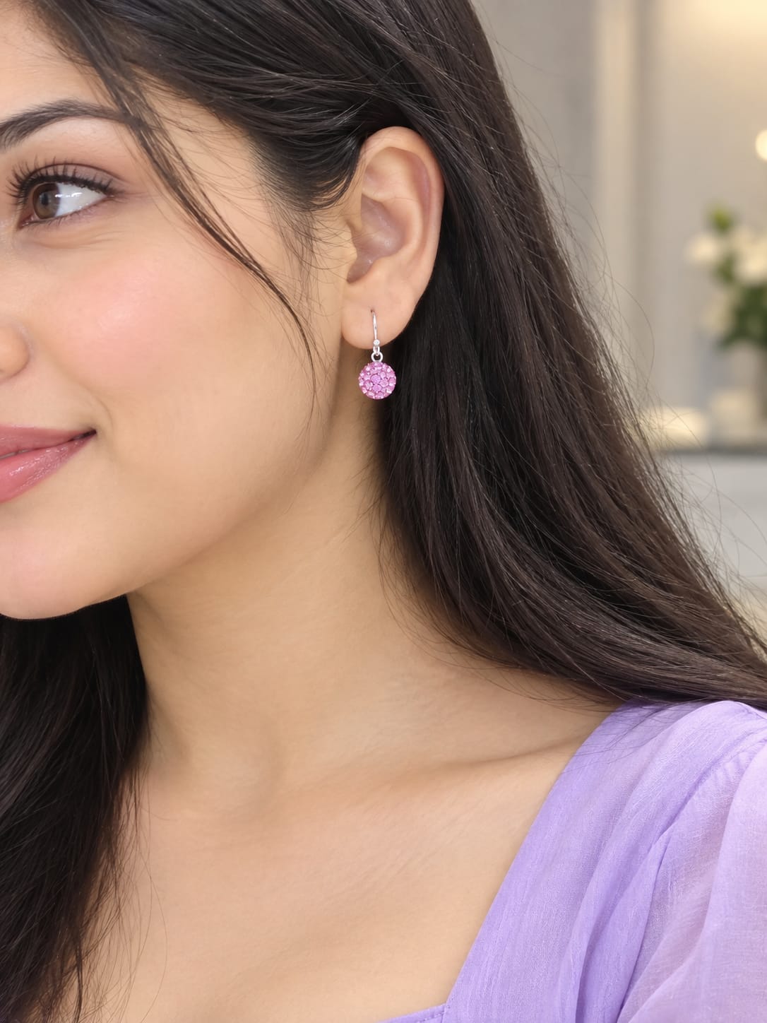 Silver Round Purple Hook  Earrings