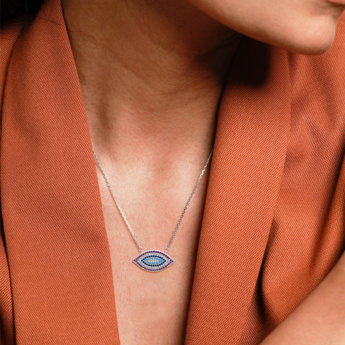 Silver Intricate Evil Eye Pendant with Link Chain