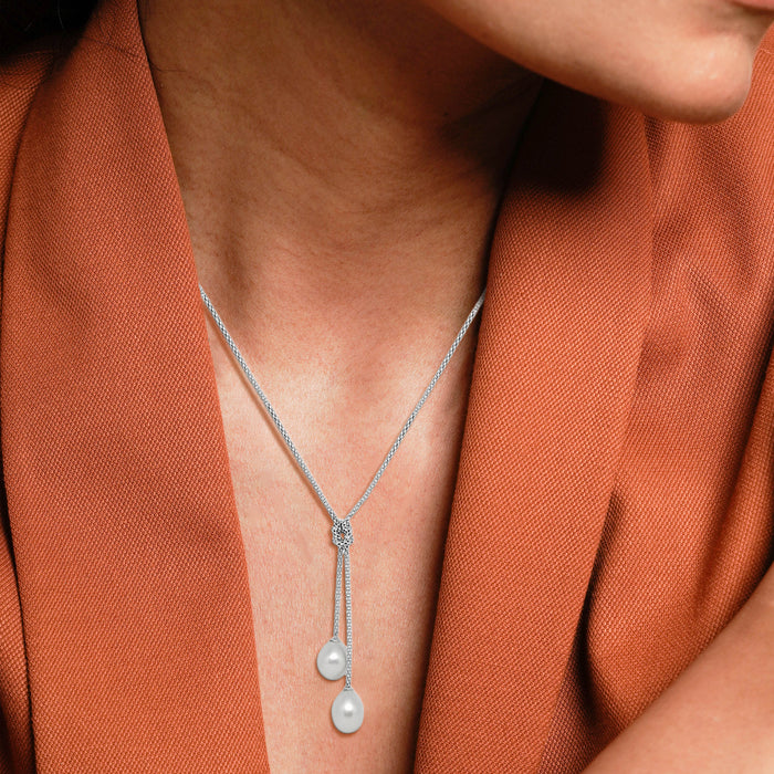 Silver Knotted Dangling Pearls Necklace
