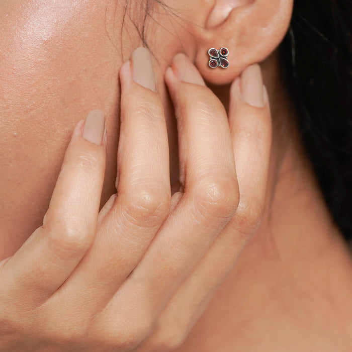 Silver Symmetry Garnet Petals Studs