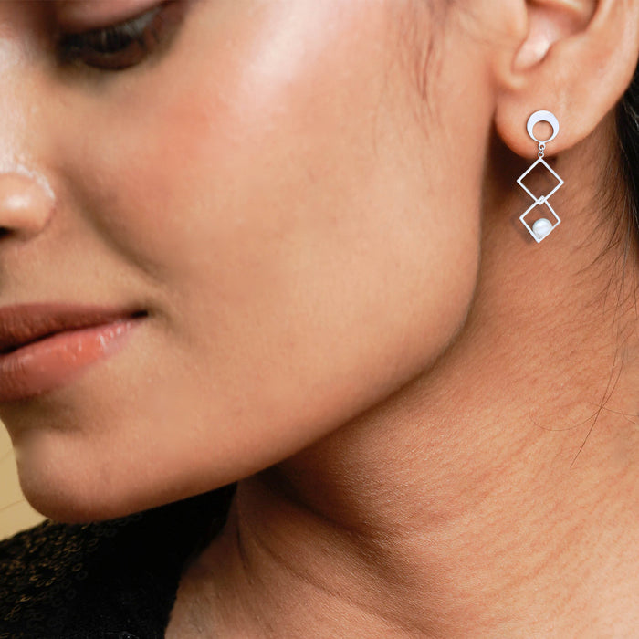 Silver Flat & Square Pearl Earrings