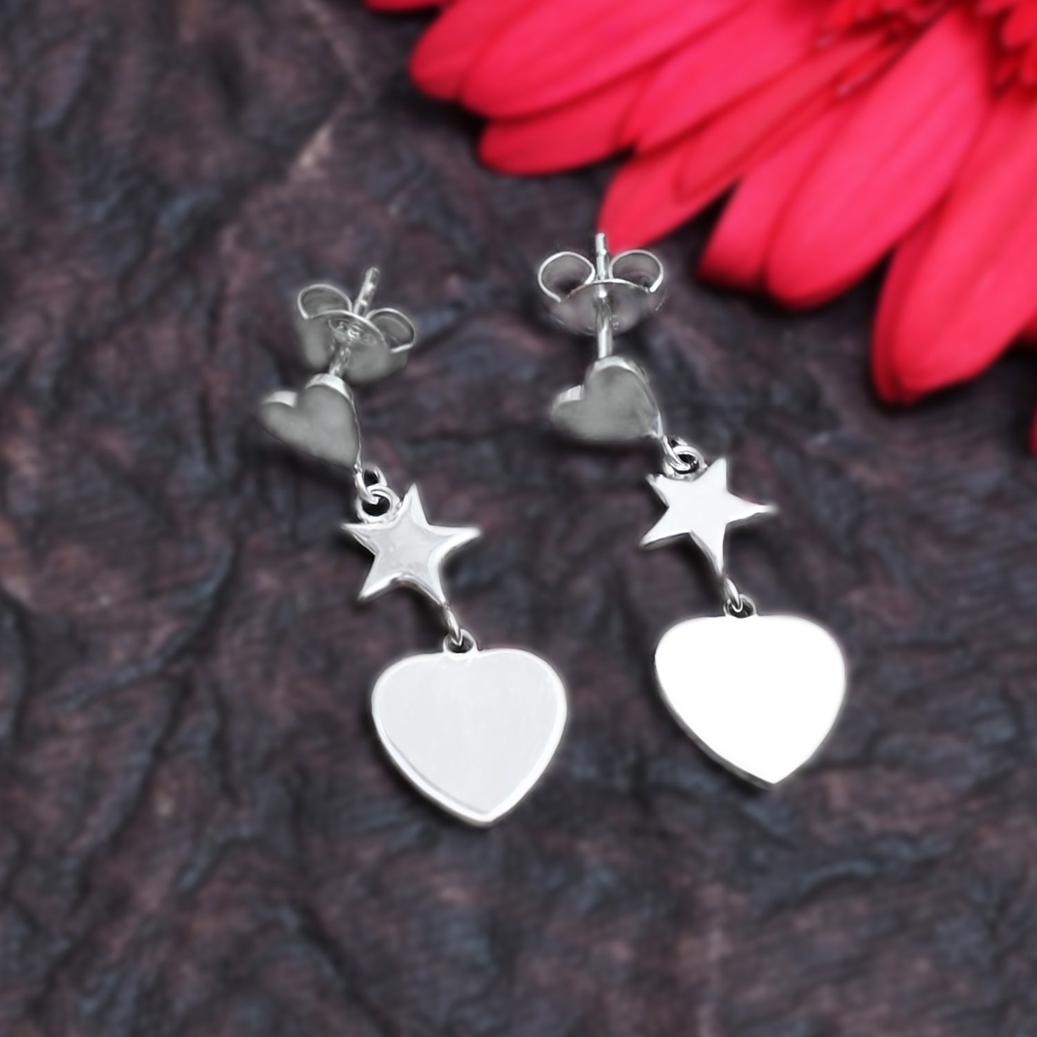 Silver Dangling Hearts Earrings
