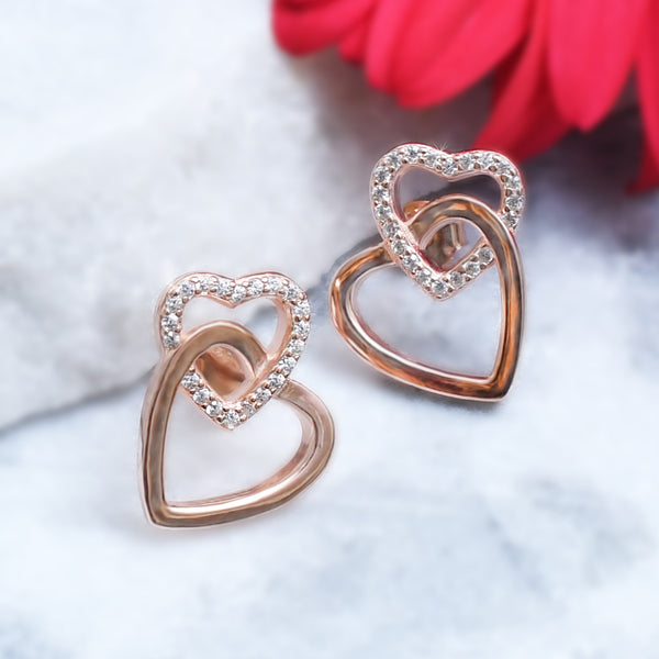 Silver Rose Gold Heart in Heart Stud Earrings