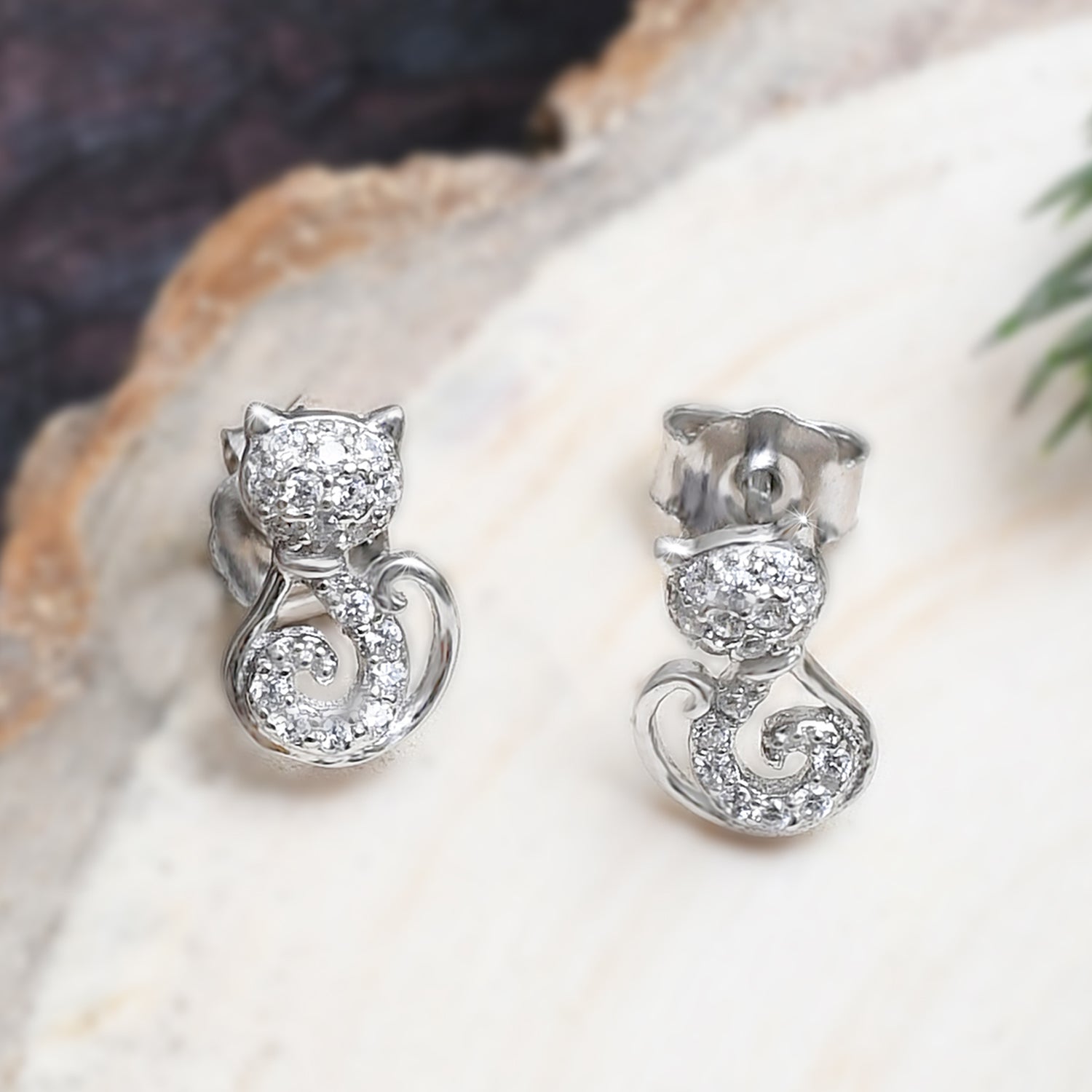 Silver Sparkling Cat Stud Earrings