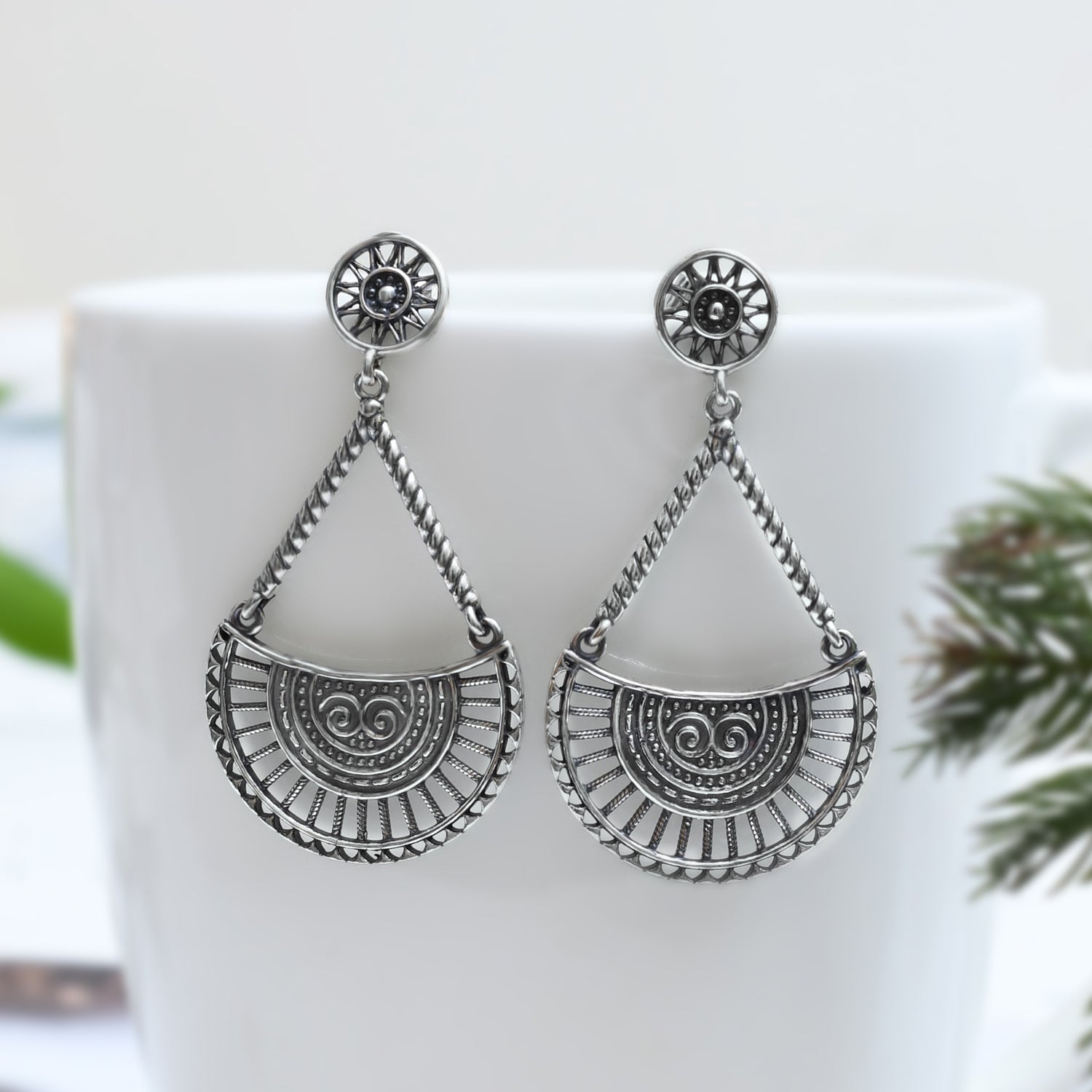 Silver Intricate Chakra Drop Earrings