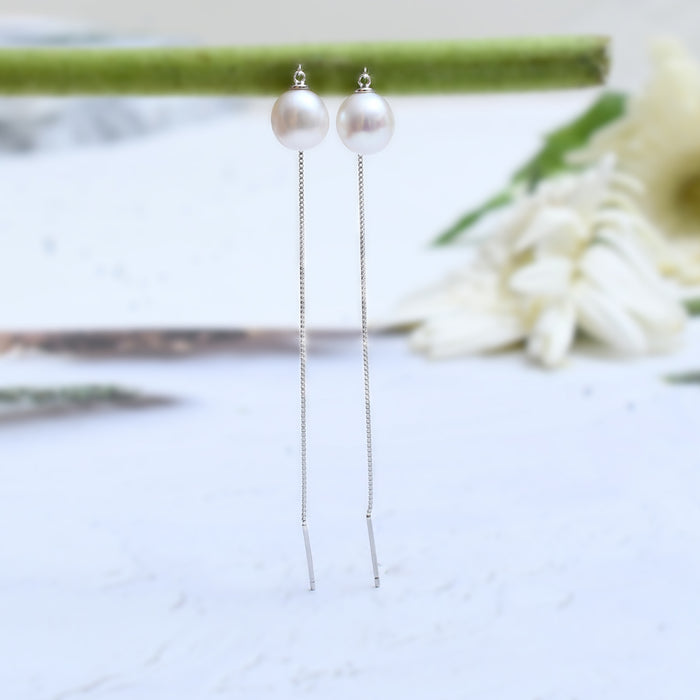 Silver Needle-String Pearl Earrings