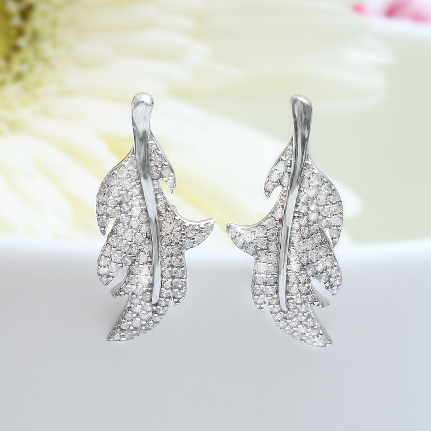 Silver Sparkling Long Leaf Earrings