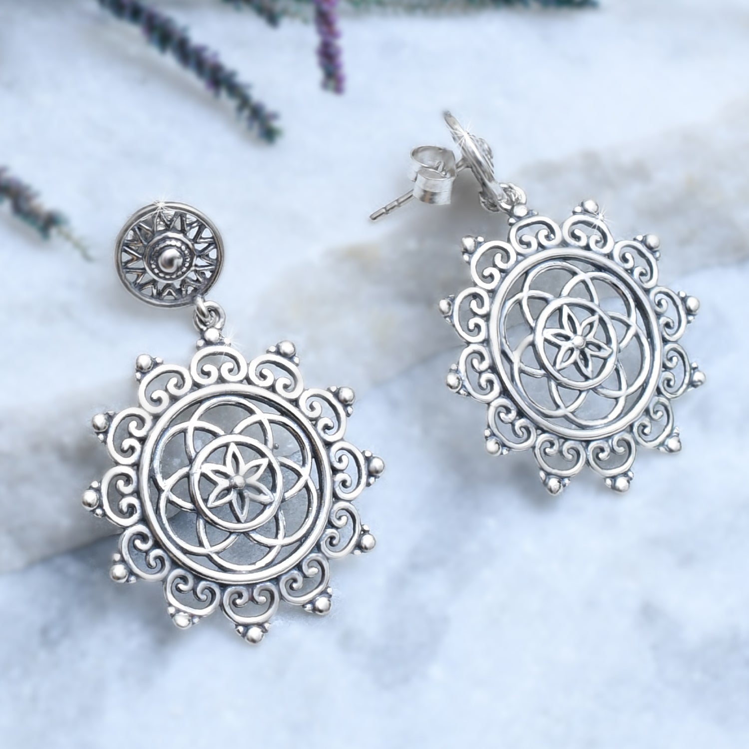 Silver Intricate Peace Chakra Earrings