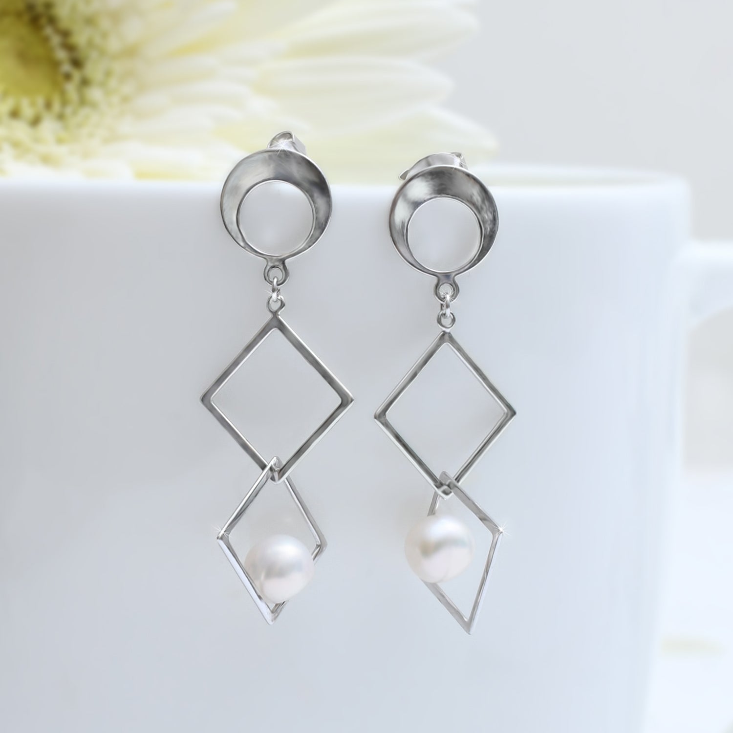 Silver Flat & Square Pearl Earrings