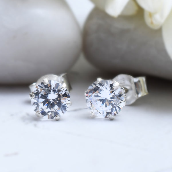 Silver Zircon Stud Earrings 6mm