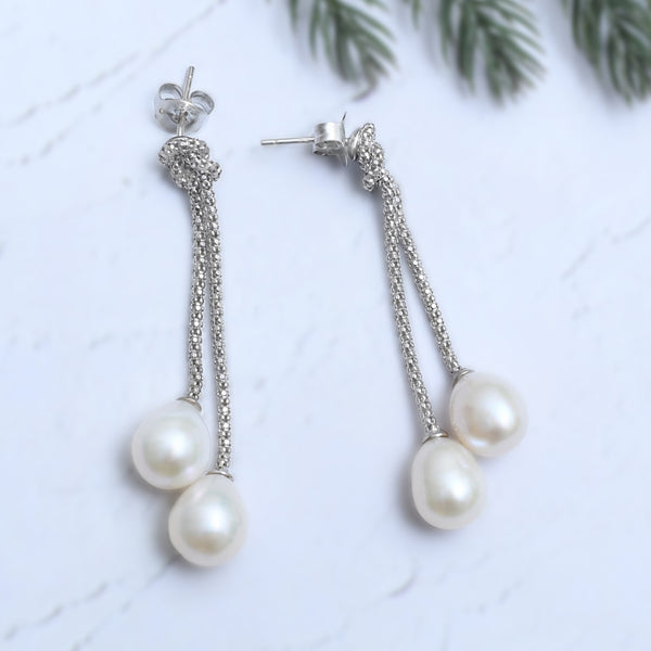 Silver Knotted Dangling Pearls Earrings