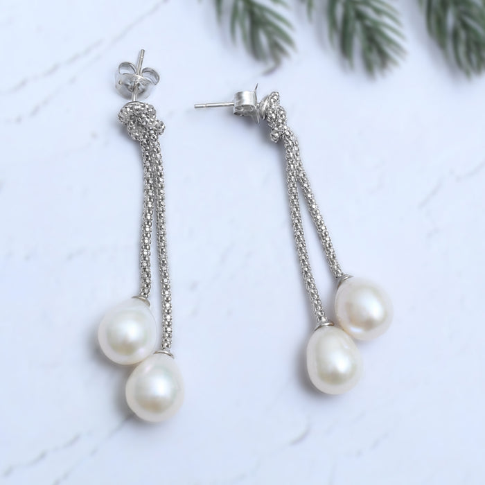 Silver Knotted Dangling Pearls Earrings