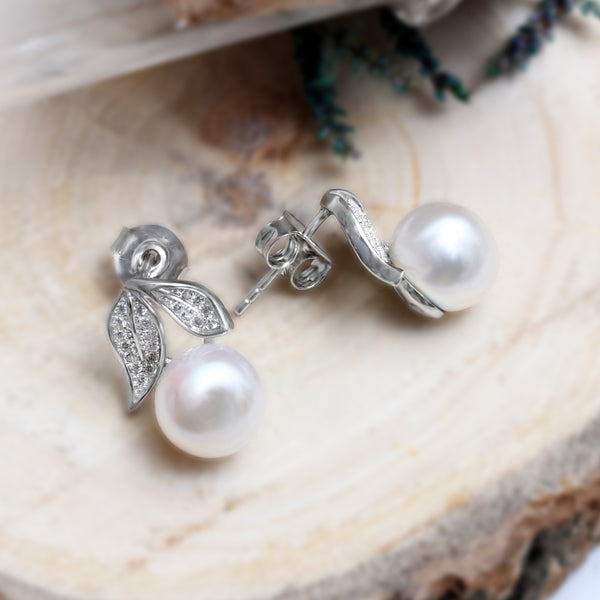 Silver Leaf Tail Pearl Earrings