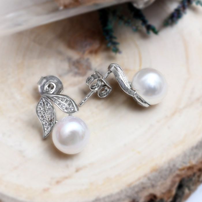 Silver Leaf Tail Pearl Earrings