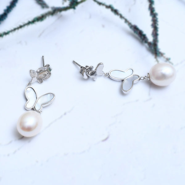 Silver Hanging Butterfly Pearl Earrings