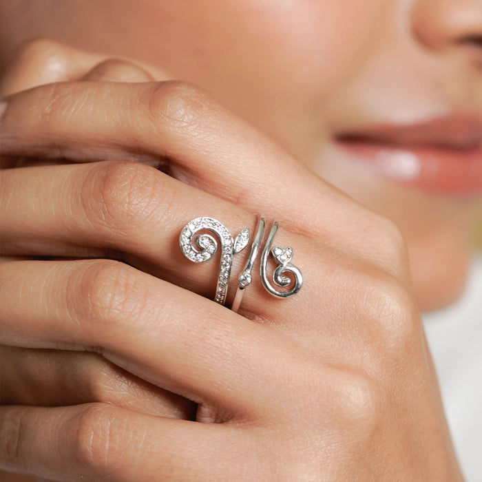 Silver Sparkling 2 Line Curved Branch Heart Ring