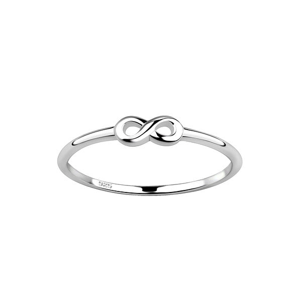 A silver infinity ring with a continuous infinity symbol, featuring a rhodium E-coat to prevent tarnishing.