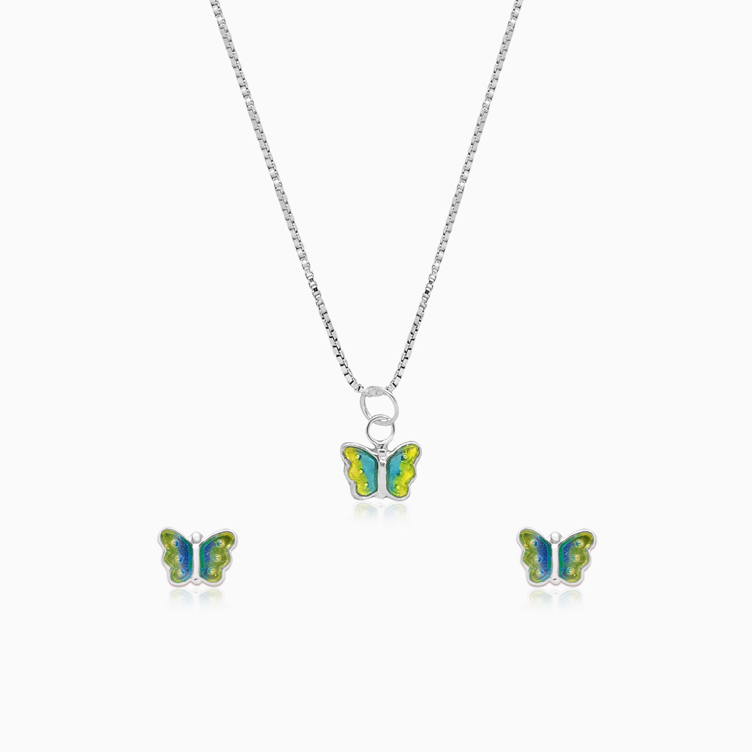 Silver Little Blue Green Butterfly Necklace Set