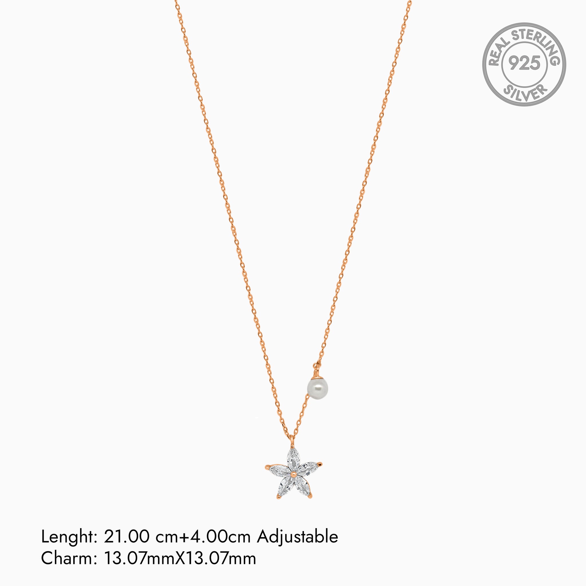 Silver Rose gold Sparkling Flower and Pearl Necklace