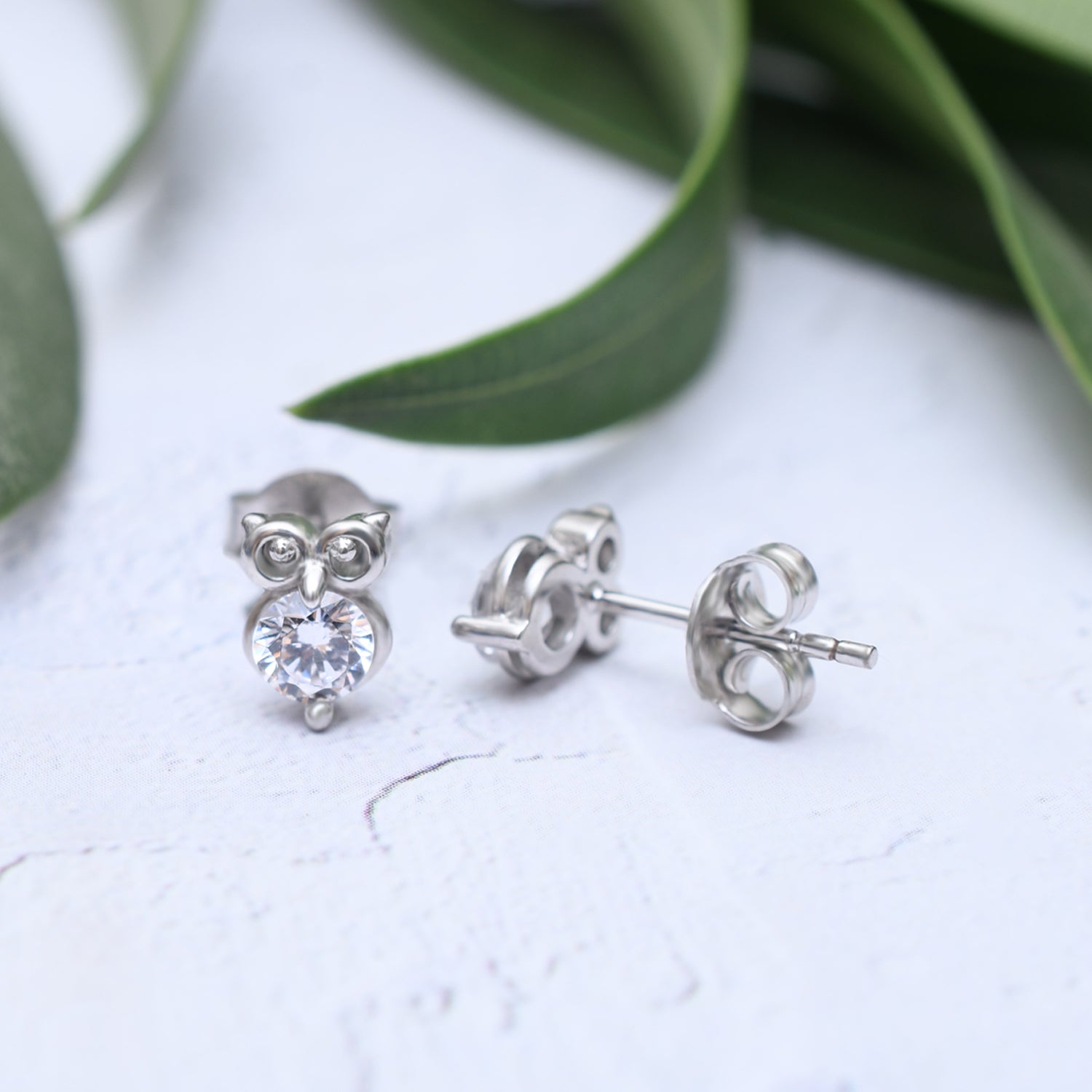 Silver Little Sparkling Owl Stud Earrings