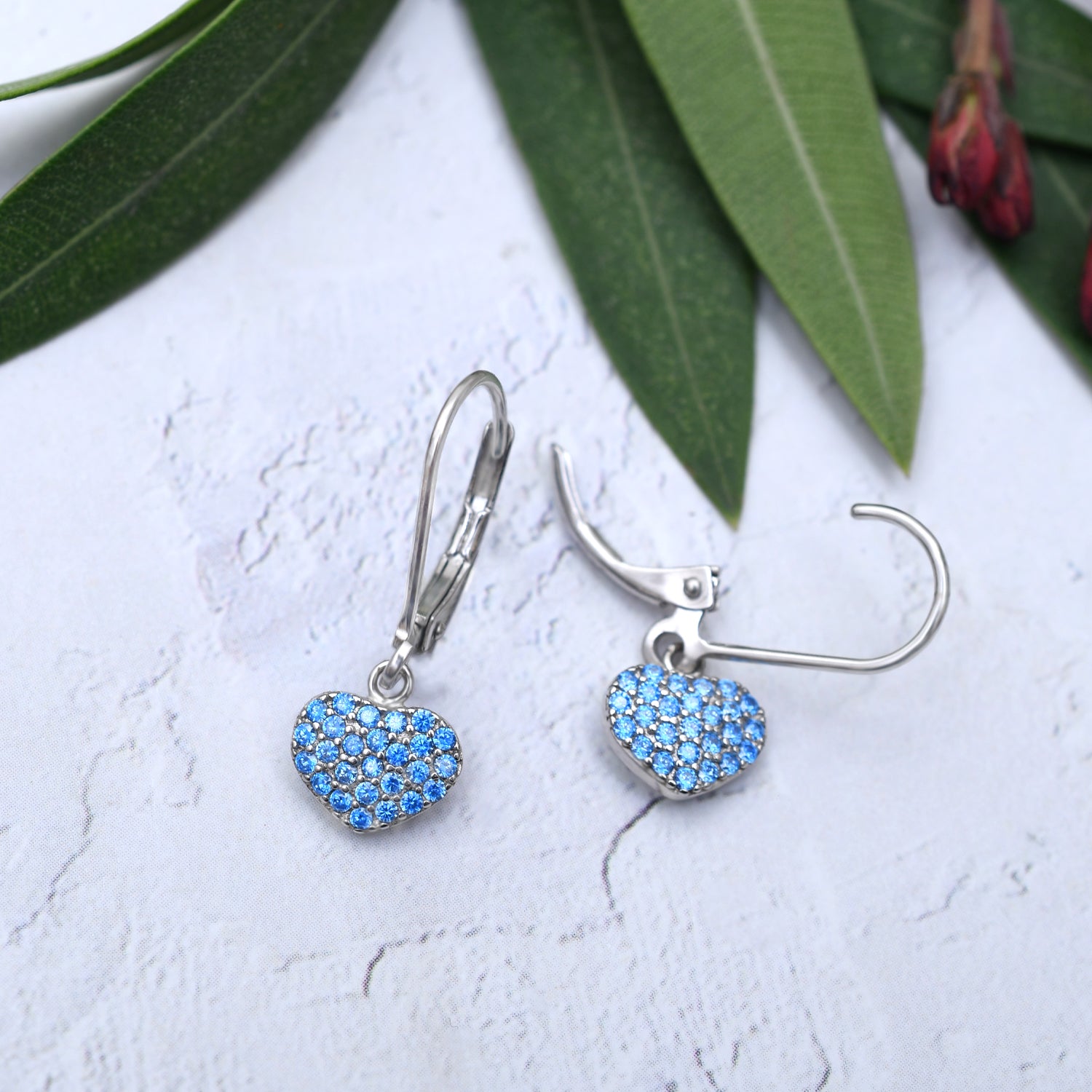 Silver Dangling Aquamarine Blue Heart Earrings