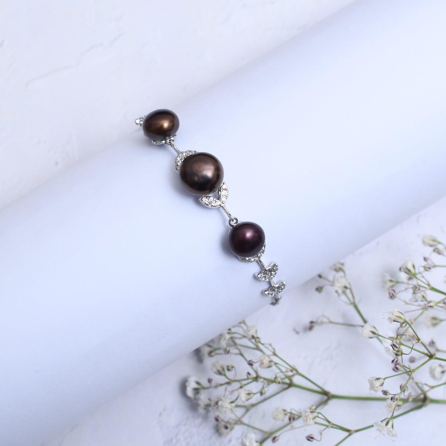 Silver Sparkling Three Black Pearl Vine Bracelet